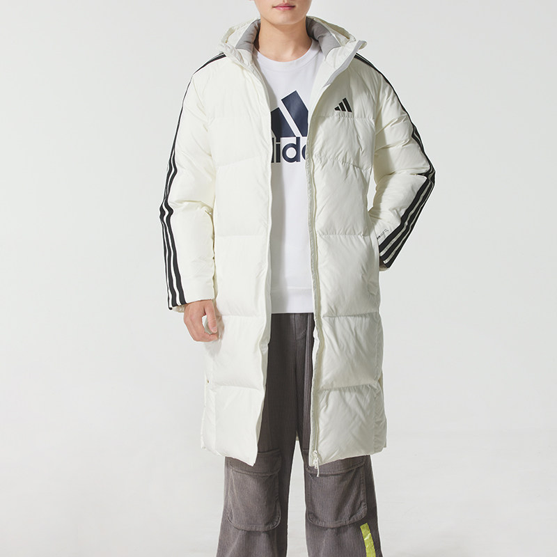 阿迪达斯白色长款羽绒服女冬季新款情侣运动棉袄男士正品鸭绒外套