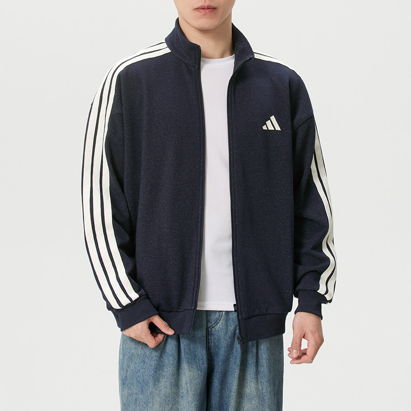 阿迪达斯立领外套男春季新款运动服男士正品蓝色宽松休闲针织夹克