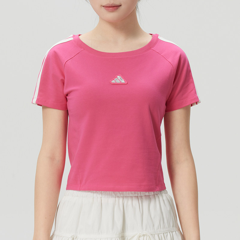 阿迪达斯女装运动服2026夏季款短袖修身短款舞蹈训练透气休闲上衣