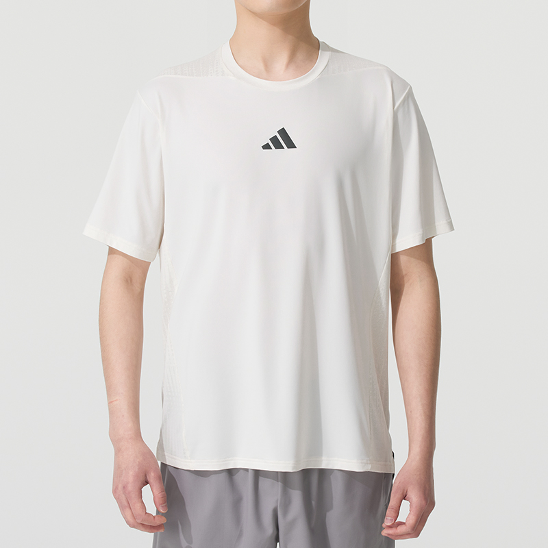 阿迪达斯2025秋冬男款白色透气速干健身运动短袖T恤JE5746