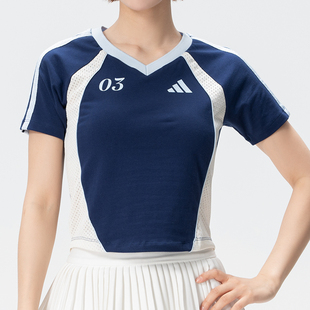adidas阿迪达斯女子TIRO TEE3运动短袖T恤V领短款蓝色收腰KZ2388