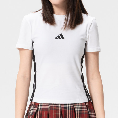 阿迪达斯白色修身短袖女装2026新款圆领短款T恤休闲运动服JE1239