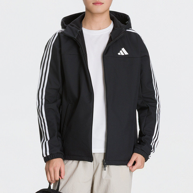 阿迪达斯男装2026冬季运动服加绒连帽梭织夹克日常训练出行上衣