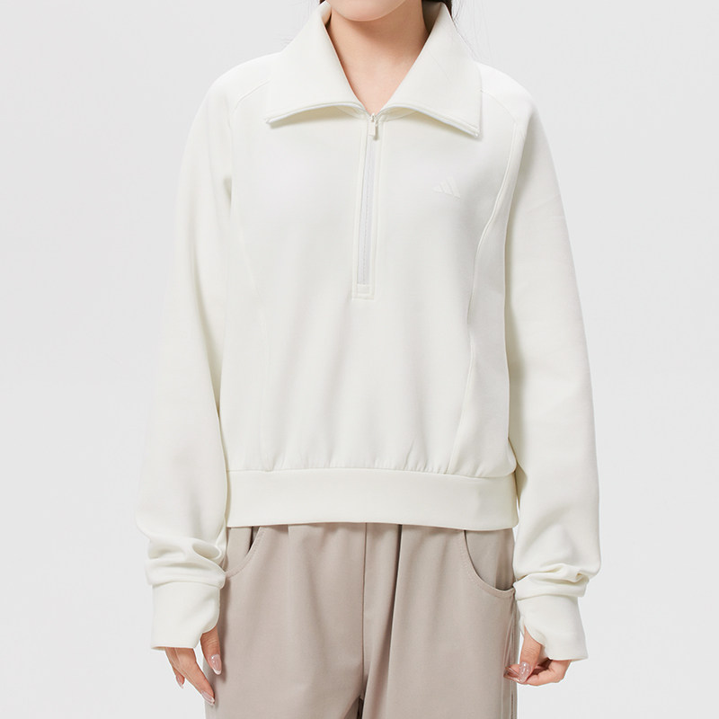 阿迪达斯白色短款半拉链卫衣女2026新款运动套头衫休闲长袖KH02