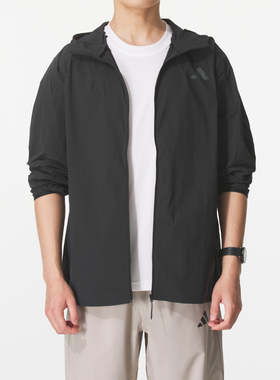 阿迪达斯梭织连帽夹克男新款运动服黑色休闲跑步外套KB5157