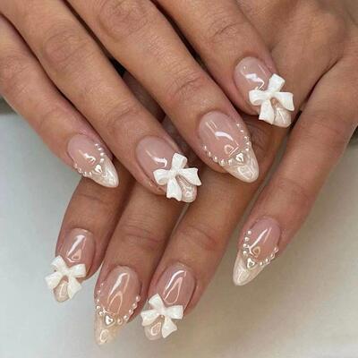 24pcs Short Almond Press on Nails White French Pearl Bow Des