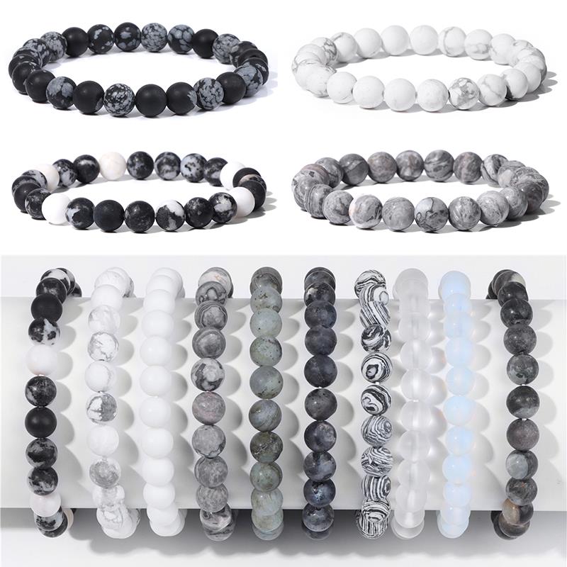 8mm Black White Natural Stone Bracelet Handmade Matte Opal
