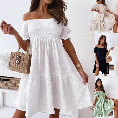 falbala casual A dress欧美性感夏季一字松紧露背荷叶边A字短裙