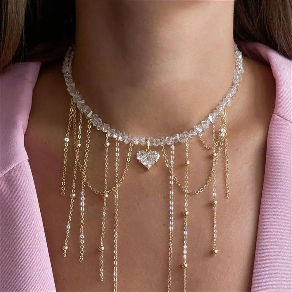 Fashion Vintage Tassels Zircon Heart Pendant Necklace For Wo - 实物图