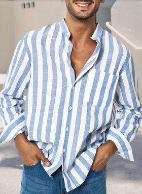 Men's versatile thin stripe lapel shirt 男百搭薄条纹翻领