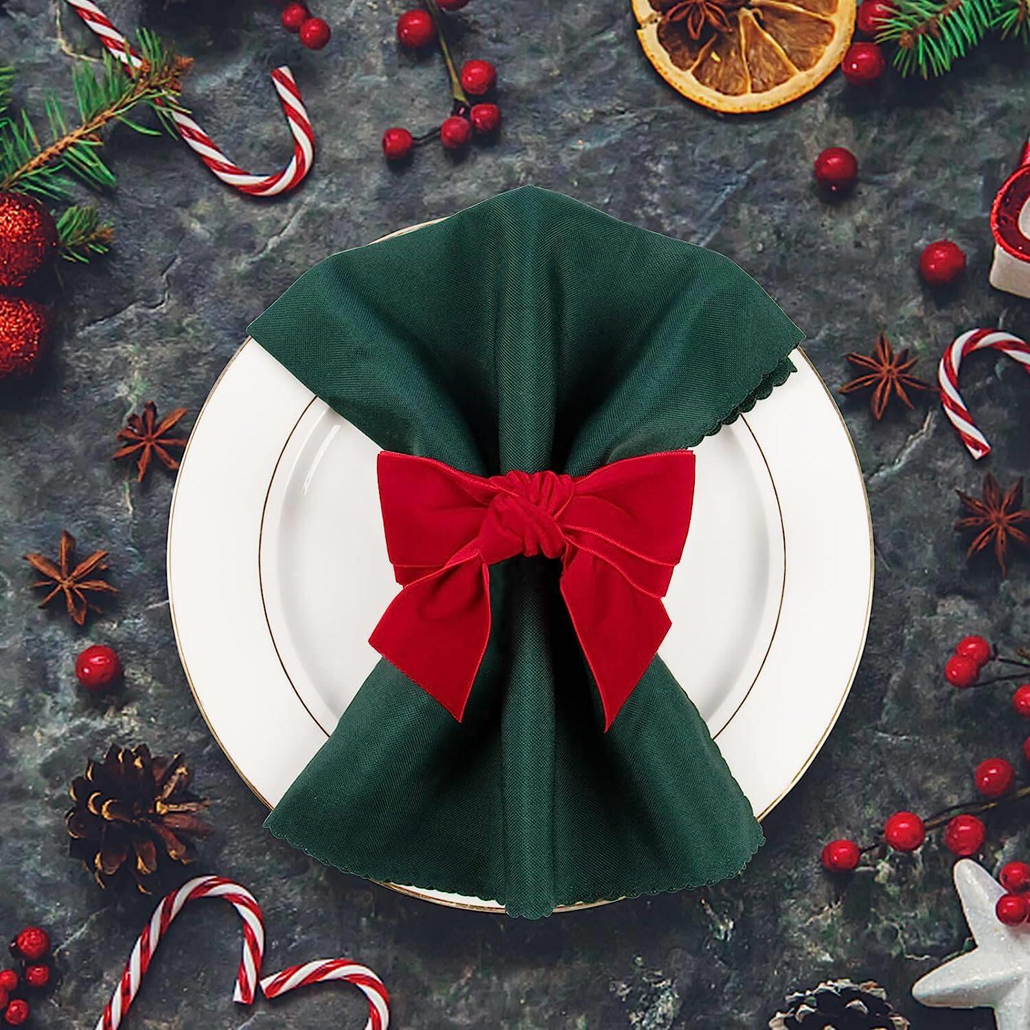 6个 Chic Velvet Red Bow Napkin Rings圣诞节日蝴蝶结餐巾环扣