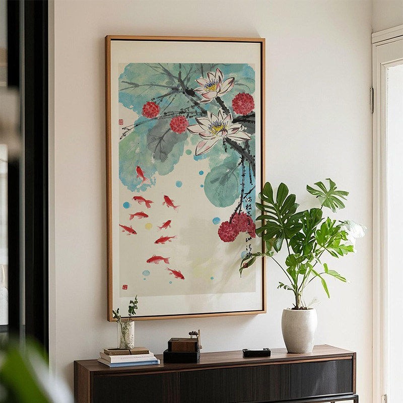 新中式鱼戏莲花图玄关装饰画荷花正对入户门口走廊过道背景墙挂画