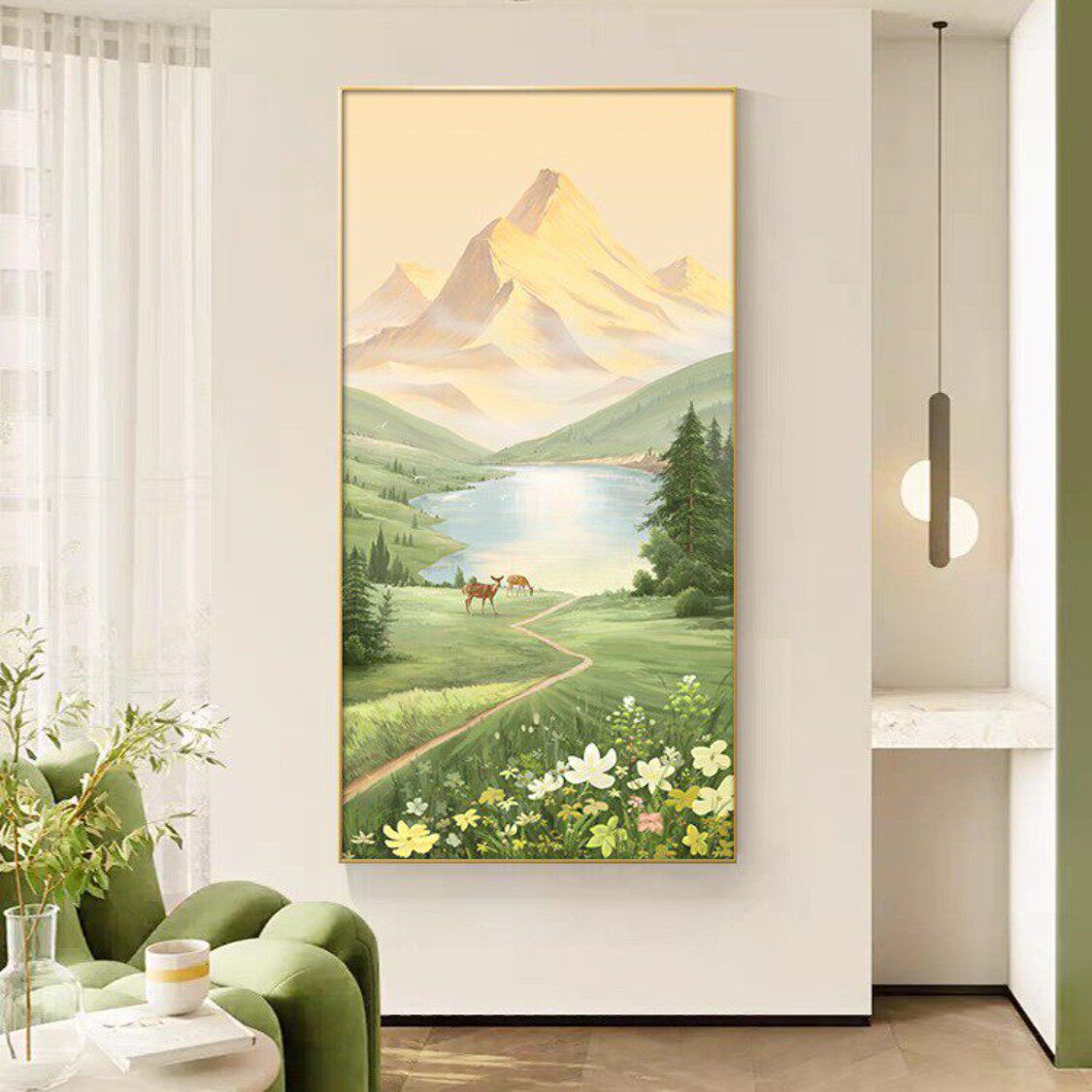 正对门入户进门玄关装饰画竖版挂画油画风高级感大气山水日照金山