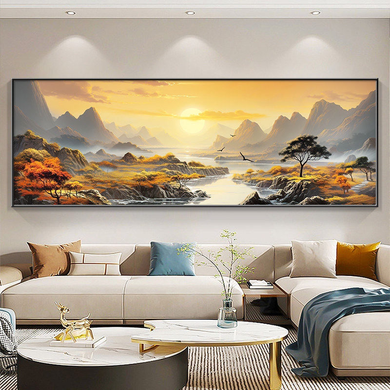 旭日东升高档沙发装饰画床头壁画卧室挂画客厅轻奢新中式背景墙