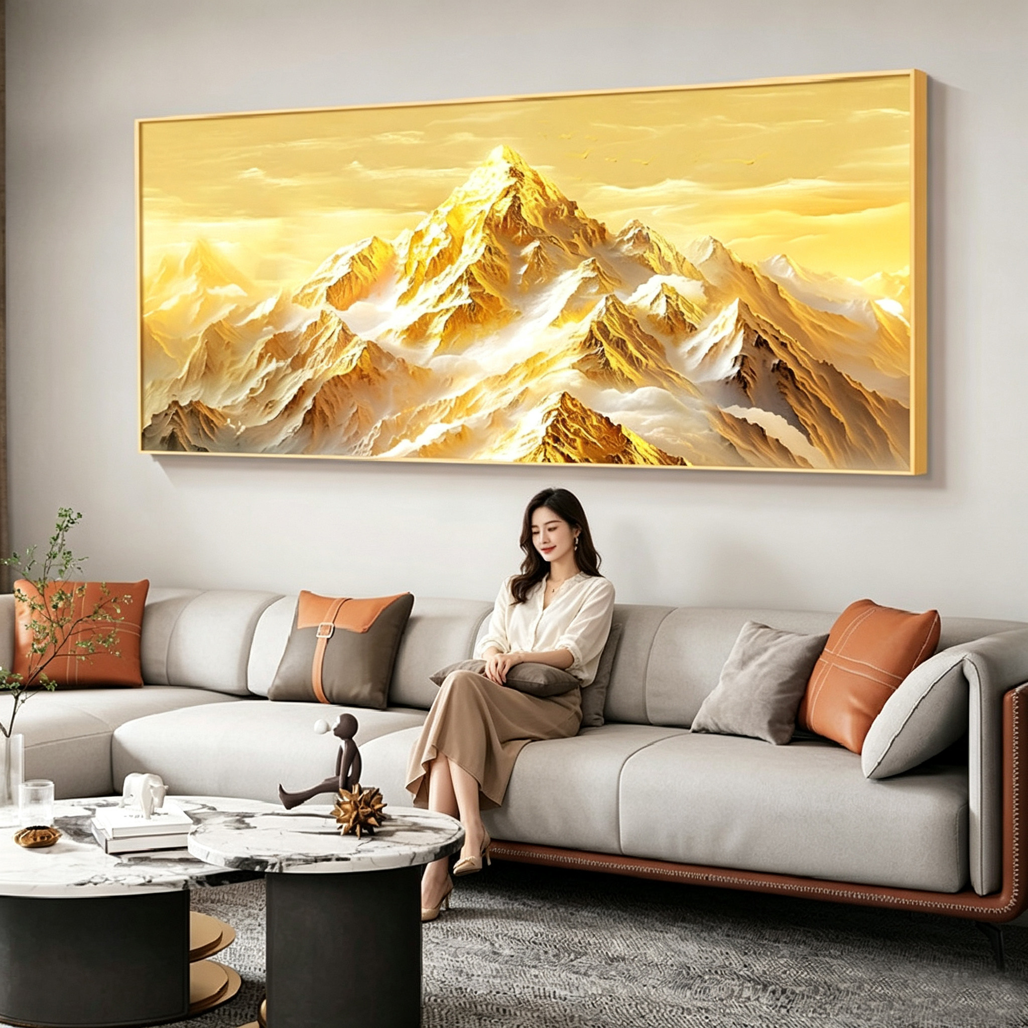 日照金山客厅沙发背景墙装饰画西墙高级感挂画背有靠山办公室壁画