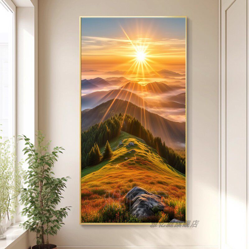 日出东方挂画东墙玄关装饰画现代简约大山风景过道墙壁画旭日东升