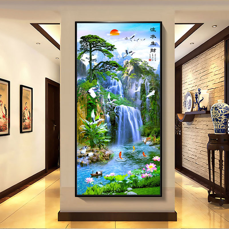 现代入户玄关装饰画竖版走廊尽头挂画新中式山水招财流水生财壁画