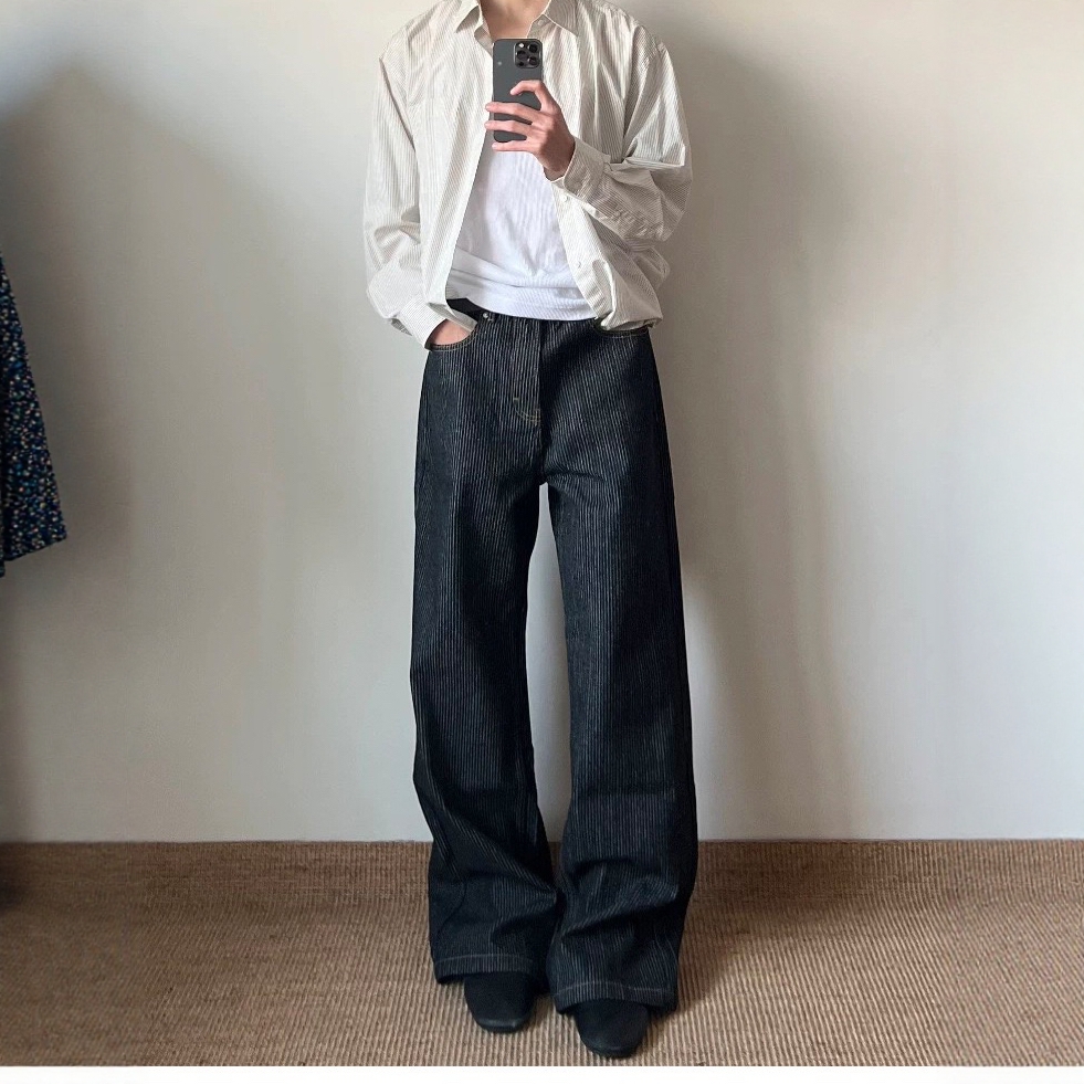 高货 黑色深蓝色条纹原牛14oz水洗A字牛仔裤直筒微喇阔腿长裤潮