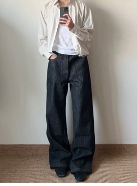 高货 黑色深蓝色条纹原牛14oz水洗A字牛仔裤直筒微喇阔腿长裤潮