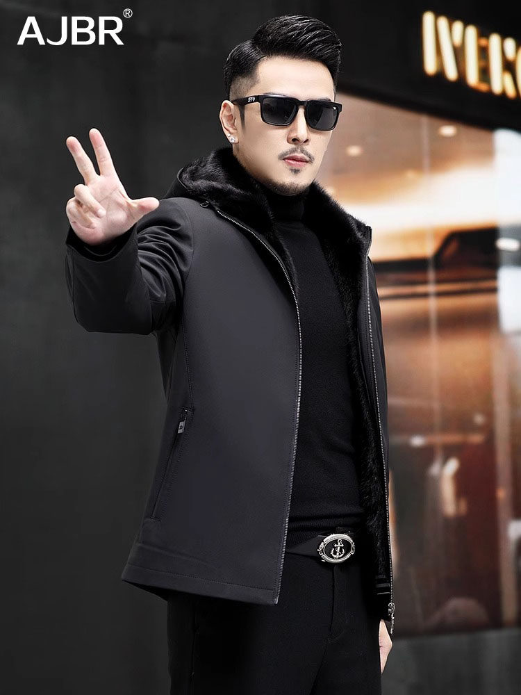 派克服男整貂皮大衣皮毛一体尼克服连帽水貂内胆中长款皮草外套冬