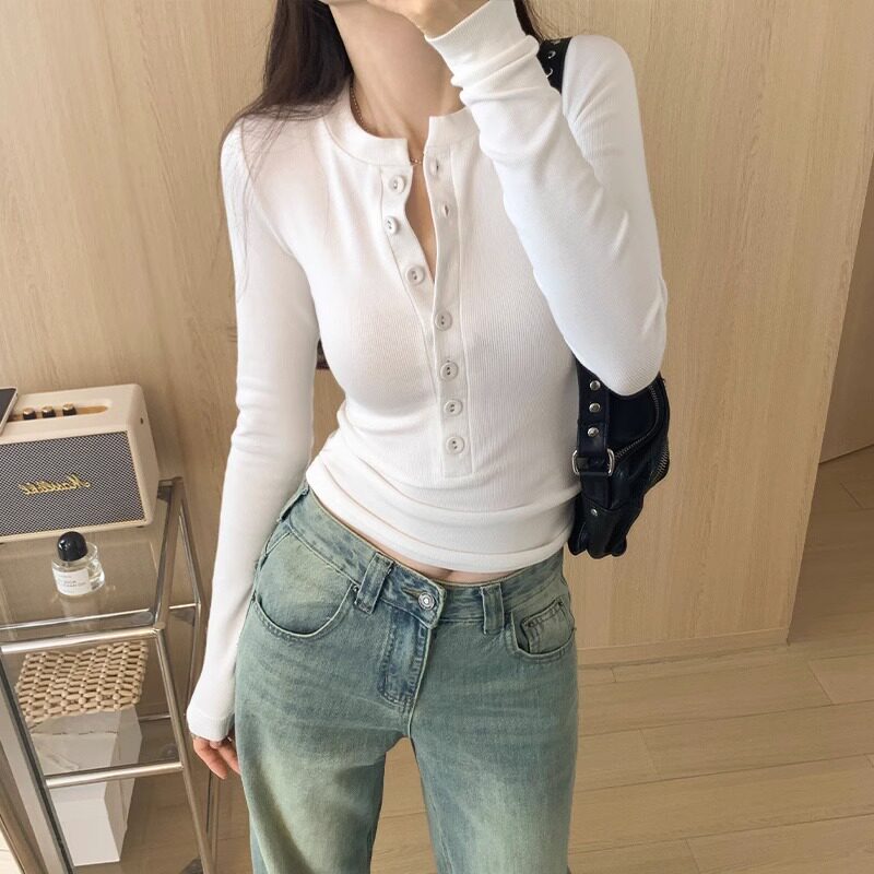 速发白色长袖V领打计感纽扣螺纹上衣春妹半开领辣秋设底衫T恤