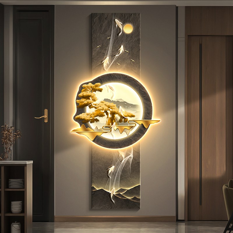 速发迎鱼玄关装饰画新中式入客松客厅进门壁画轻奢九户图带灯发光