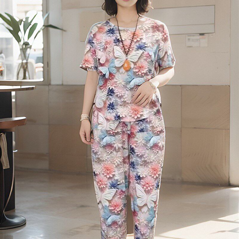 速发棉绸套印新款宽松装花年款上衣中薄妈妈透气休闲俩件套