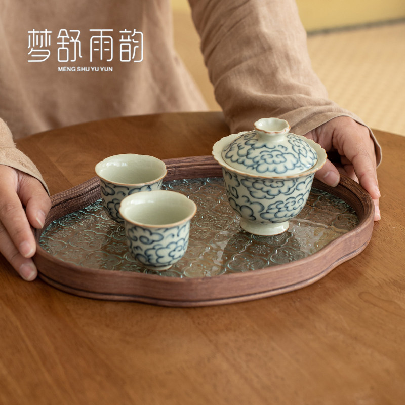 速发米黄祥窑汝茶三才盖碗茶杯套组带盖泡云碗单个高档功夫茶具小