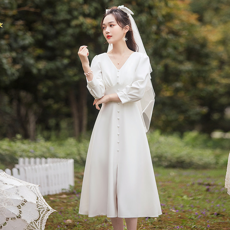 速发领证登记平时可穿婚式礼冬长袖小白裙伴娘服轻婚纱秋服订法连