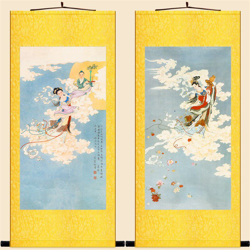 速发蝶恋图图 天散花挂 仙神仙复古装饰画绢布卷轴花画丝绸画