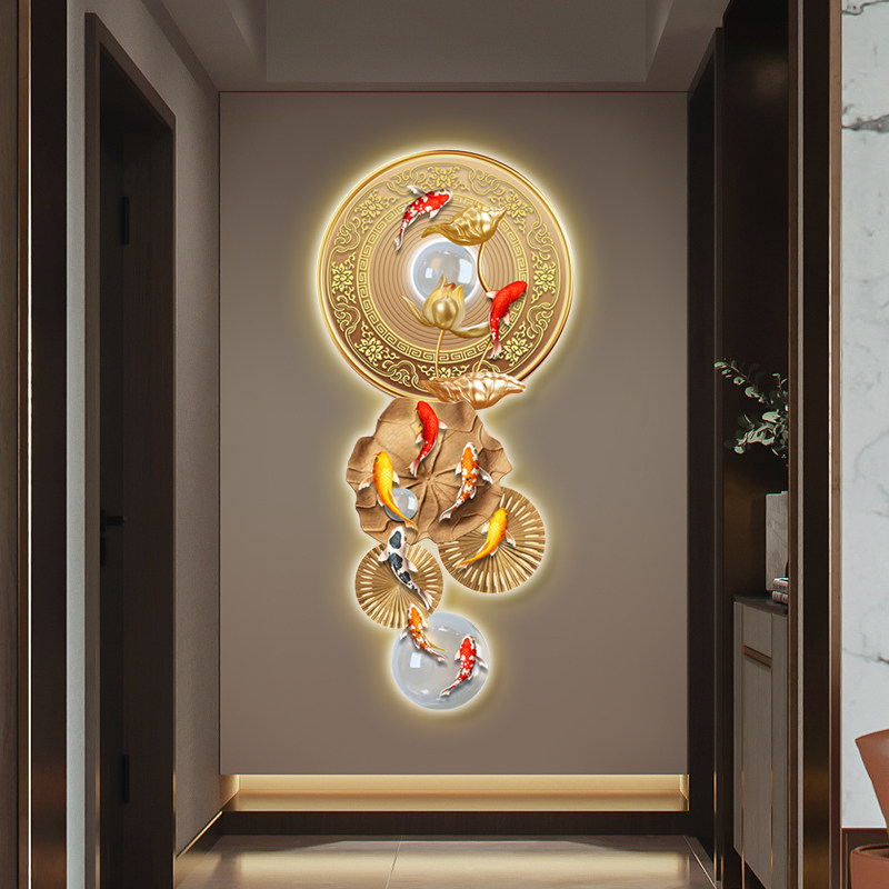 速发轻奢玄关壁饰画创意九鱼图发光大画中式走廊过道挂画灯气装画