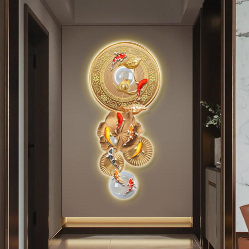 速发轻奢玄关壁饰画创意九鱼图发光大画中式走廊过道挂画灯气装画