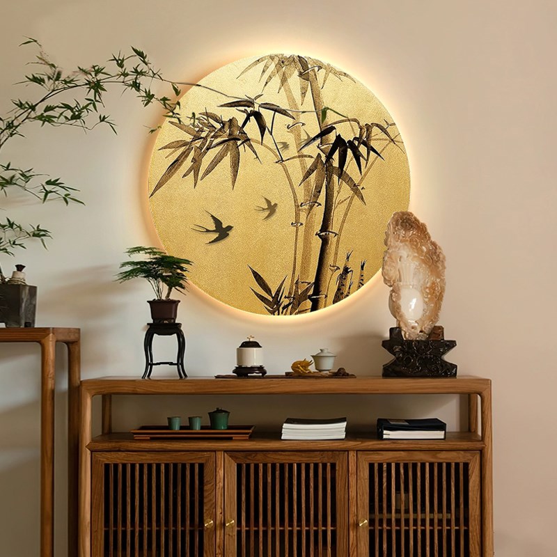 速发新中式墨竹入户玄关装饰画带灯高级感走廊复古风客厅挂画圆形图片