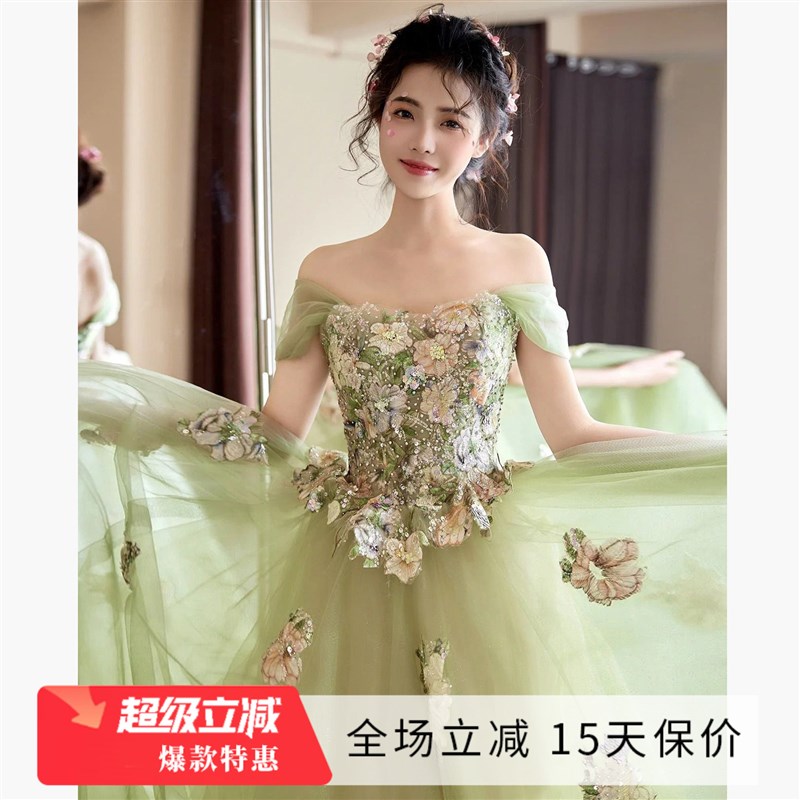 速发清新淡雅 浪漫一字肩晚宴出会演年主纱人成人礼婚持晚礼服188