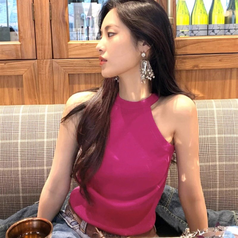 速发纯欲款妹挂脖小带玫红色针织吊背心夏外穿内搭无袖短辣上衣