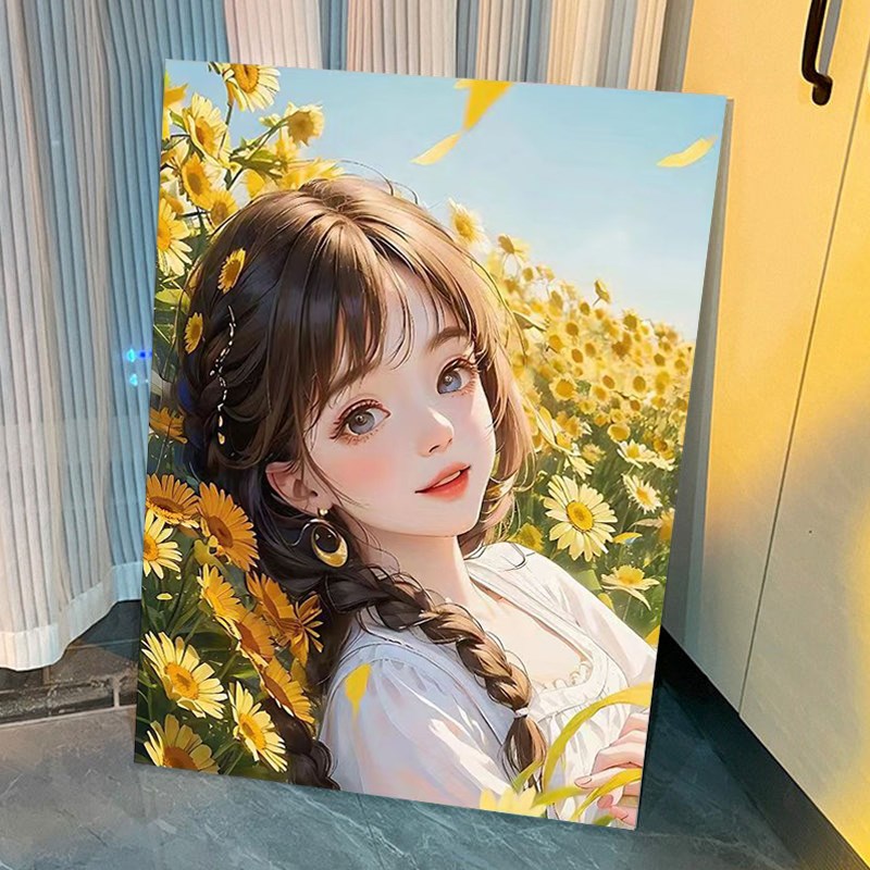 速发向日葵孩数字油画手工填充画手绘丙烯油彩色涂画填色肌理画