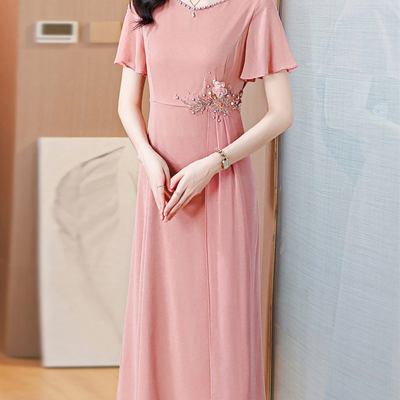 速发喜轻婆婚宴夏端气质礼服年婆款结婚可穿妈妈装仙气粉色连衣裙