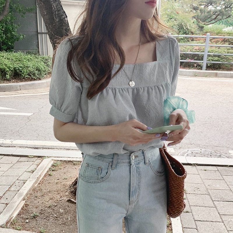速发露骨T方领格子夏季甜美减龄小清搭锁恤上衣