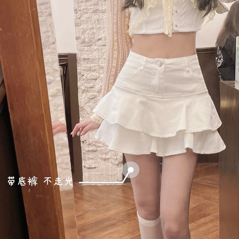 速发荷叶边牛仔半身裙0225夏辣新款高腰裙裤小个子甜季妹短裙云