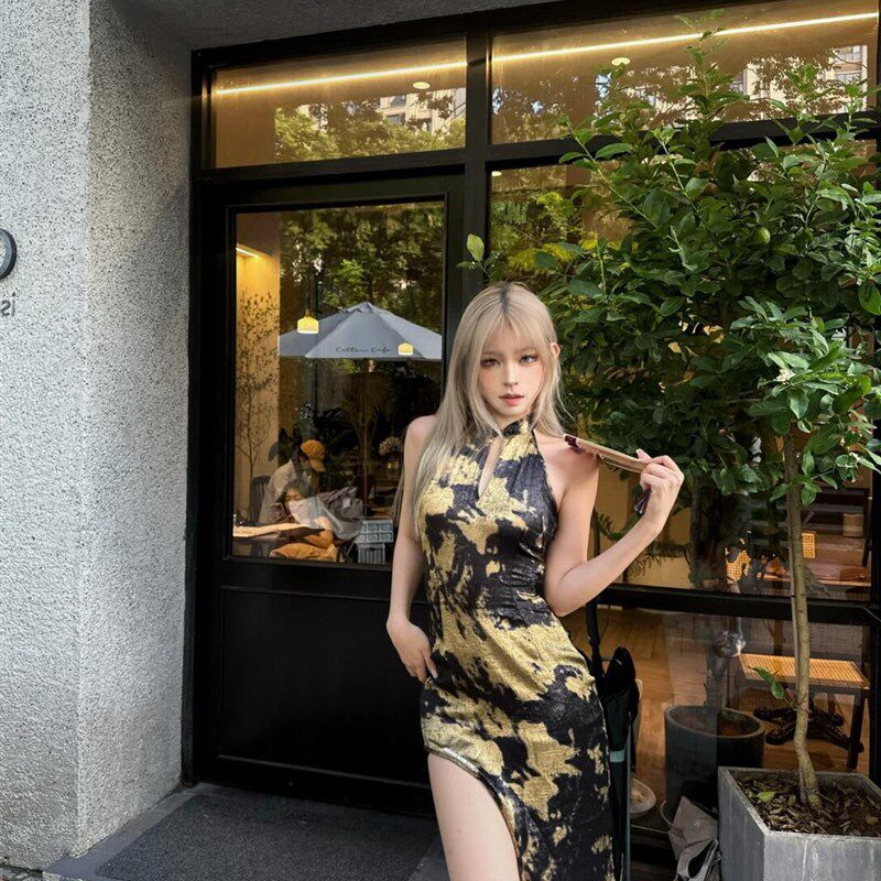 速发优雅性感裙挂印花古脖式连衣裙夏季镂空包臀改良旗袍长复子