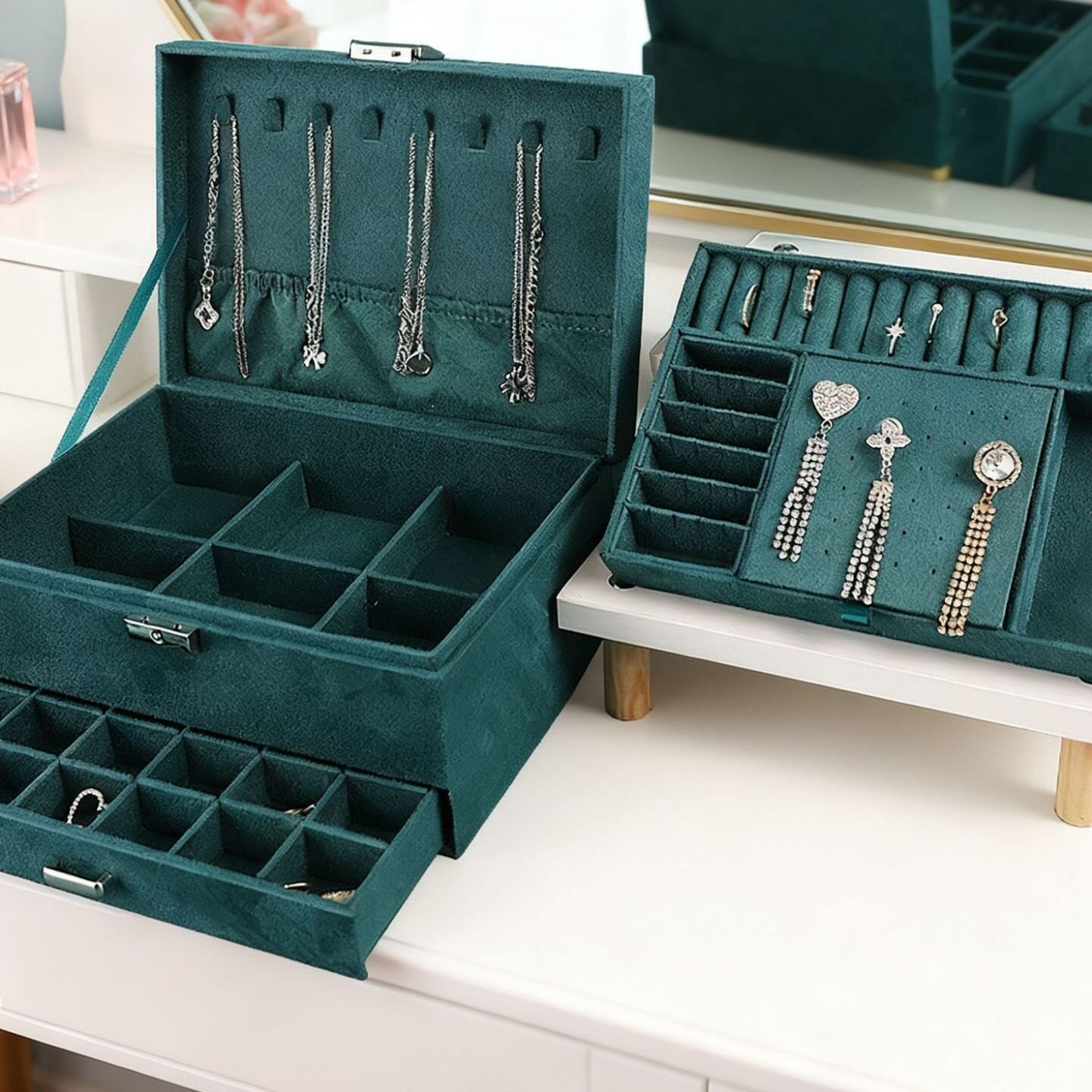 跨境首饰盒复古墨绿色绒布三层抽屉珠宝收纳盒手表耳饰项链饰品盒