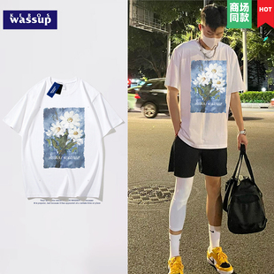 潮流重磅短袖 99元 美式 夏季 男花朵图案印花纯棉圆领白色体恤 6件