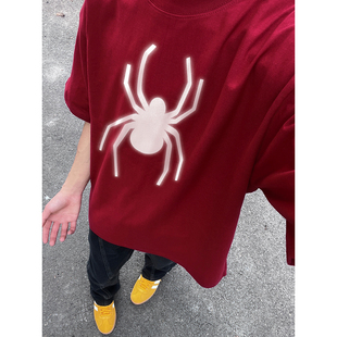 红色纯棉半袖 潮流反光蜘蛛图案宽松圆领短袖 T恤男夏季 新款 体桖上