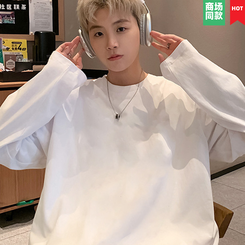 新款韩版宽松纯棉长袖T恤男女情侣装春秋季白色打底衫上衣ins