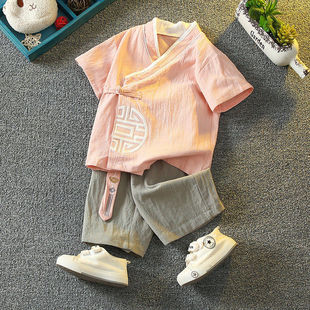 汉服儿童男2023夏天薄款古装短裤套装中国风男童唐装夏季棉麻