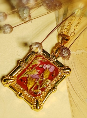 复古干花项链红色方形相框项链情人草真花项链女生生日礼物