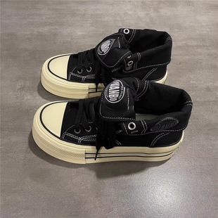 高帮厚底女鞋板鞋软底女款2025女休闲黑色增高运动新款鞋子帆布鞋