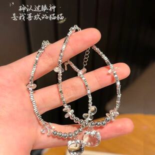 碎银KT猫手绳手链女轻奢百搭可爱高级感手串ins小众礼物双层叠戴