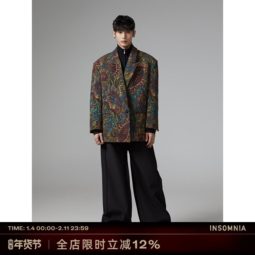 INSOMNIA失眠者 翻领原创设计垫肩宽松高级复古西装花色外套男女