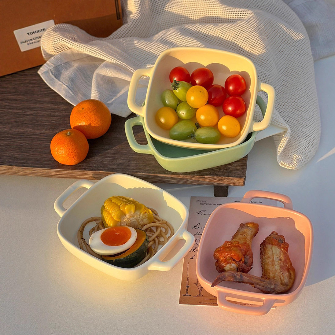 ins风双耳烤碗空气炸锅烤箱烤碗奶油烘焙高颜值蒸蛋碗家用焗饭碗
